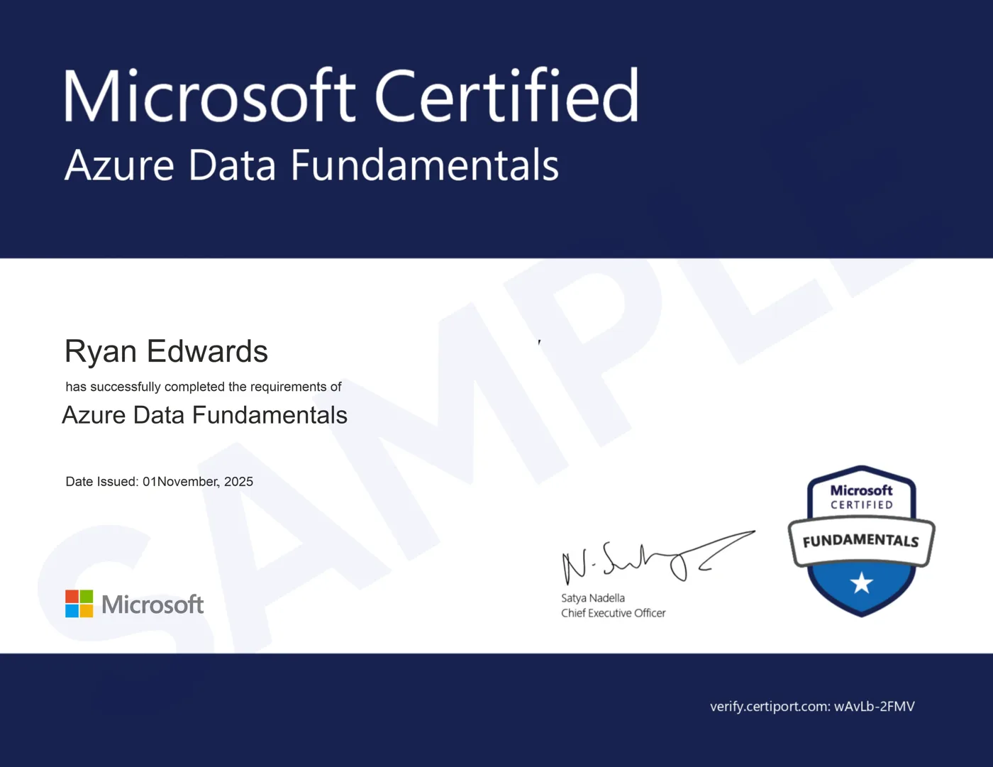 Microsoft Certified: Azure Data Fundamentals sample certificate