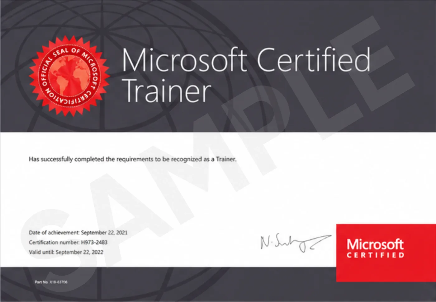 Microsoft Certified Trainer sample certificate