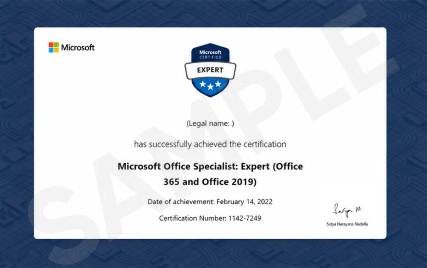 Microsoft Office Specialist: Expert (365 & 2019) sample certificate