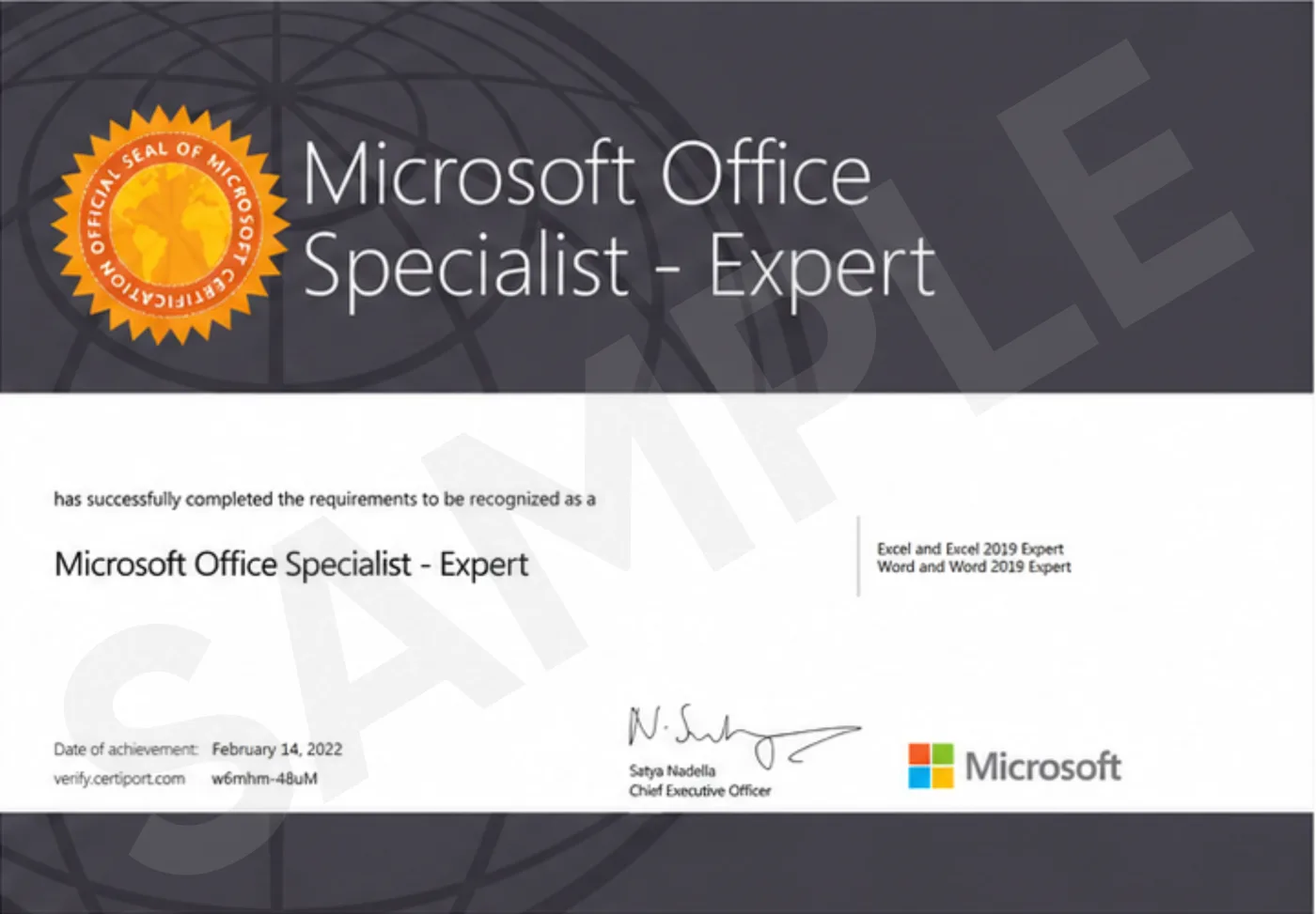 Microsoft Office Specialist — Expert sample certificate