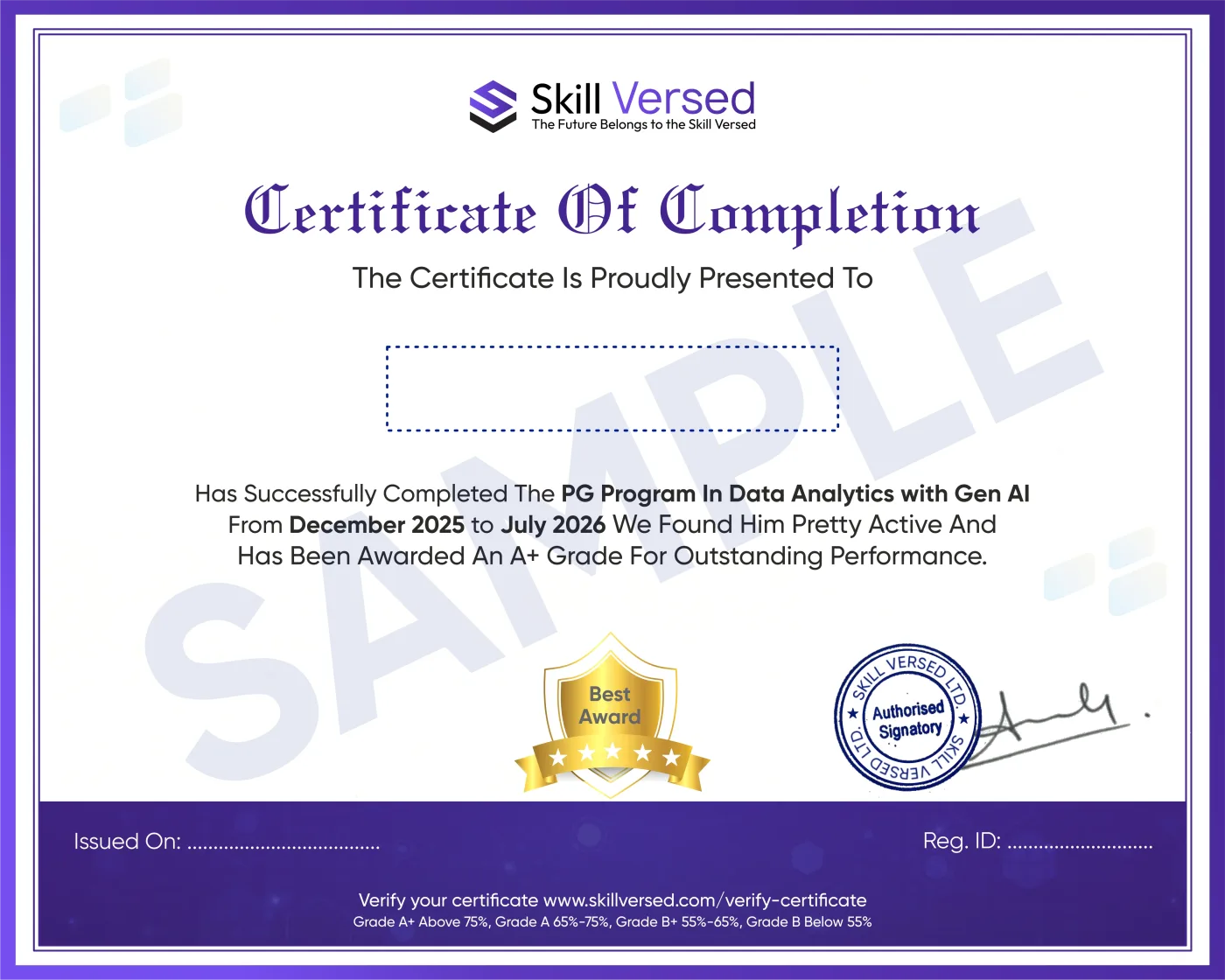 Skillversed Programme Certificate of Completion sample certificate