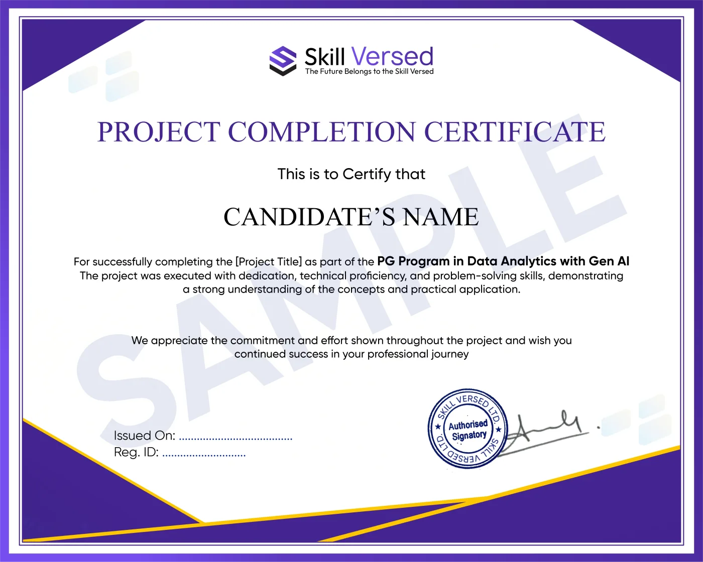 Skillversed Project Completion Certificate sample certificate