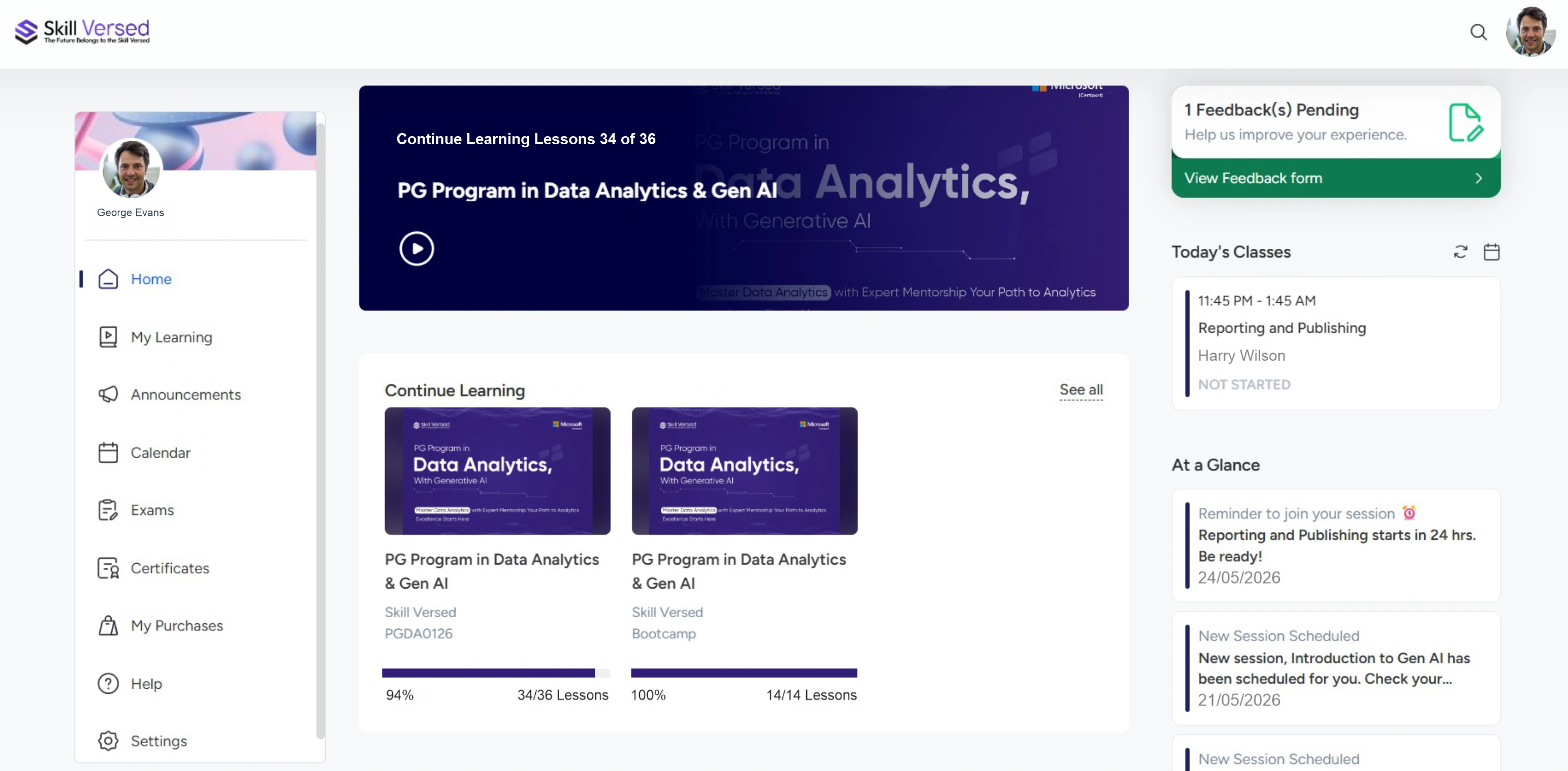 The Skill Versed learning dashboard: course progress, today’s classes and reminders